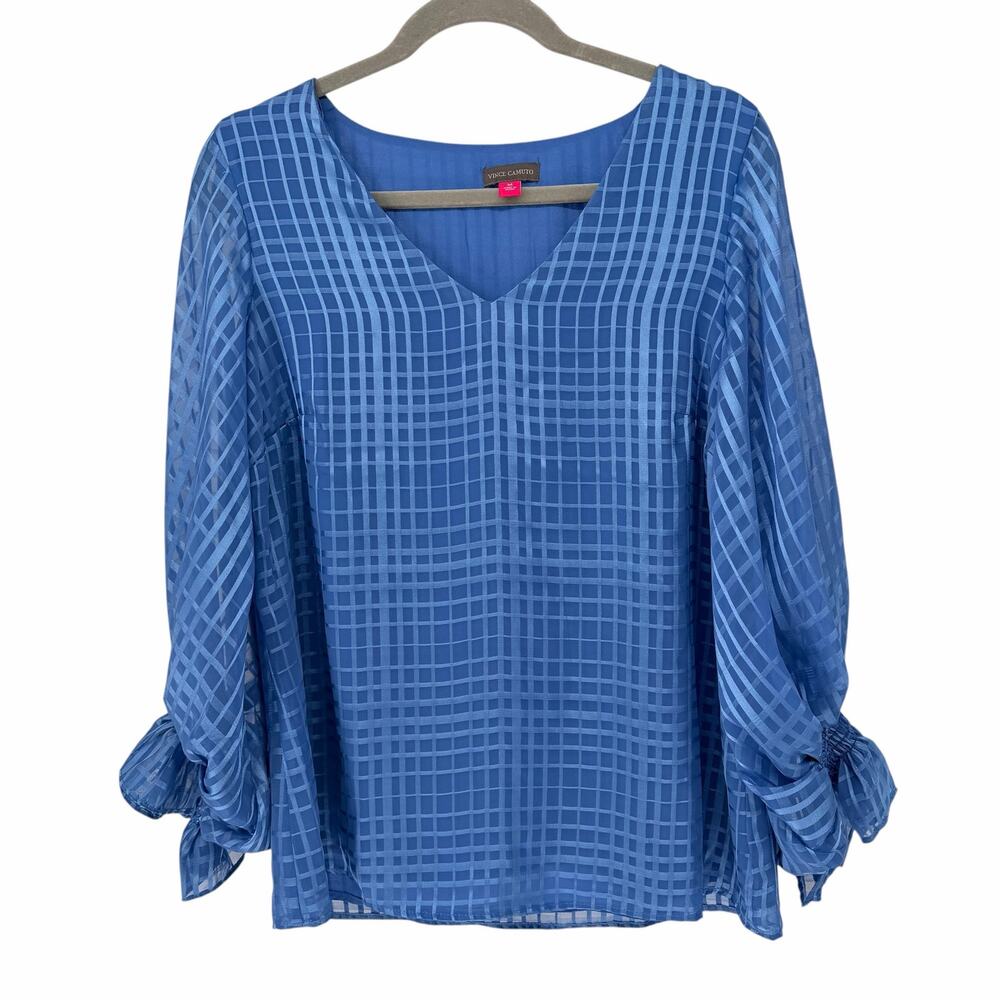 NEW Vince Camuto Blue Plaid Puffed Sleeves Blouse Sz Medium
